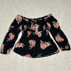 Almost Famous Black Floral Off Shoulder Smocked Waist Blouse Boho Romantic Sz S